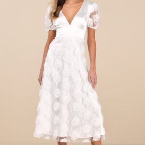 Lulus Gorgeous Elevation White Lace Rosette Puff Sleeve Midi Dress - Size XS